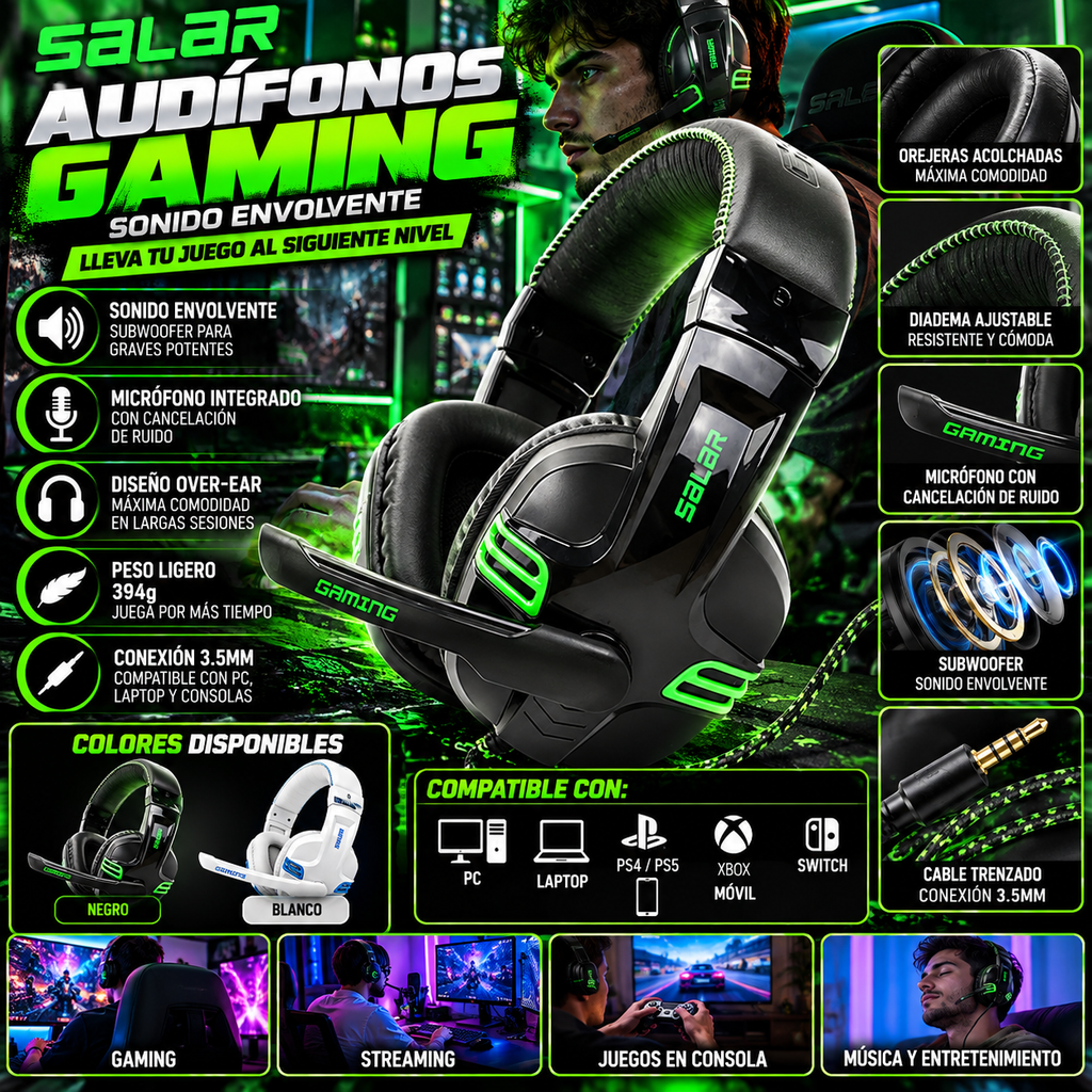 Audífonos Gaming con Micrófono y Subwoofer | Gaming Headset with Microphone – PC & Console