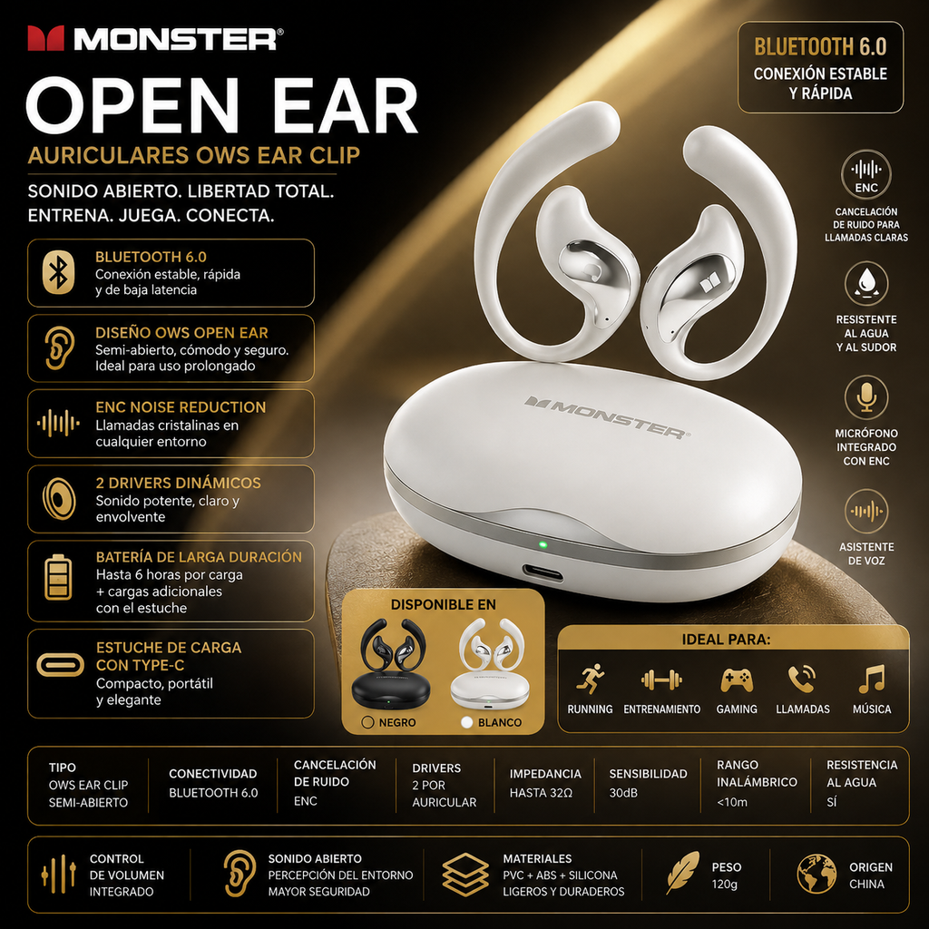 Monster Open Ear - Auriculares Inalámbricos Bluetooth 6.0 | ENC | Deportes y Gaming