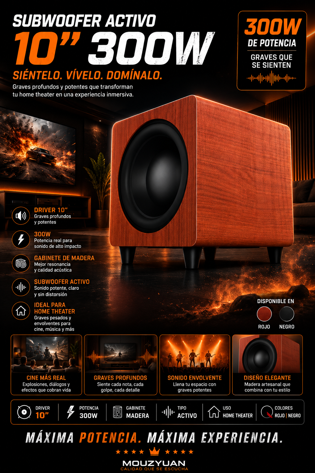 Subwoofer Activo 10" | 300W | Madera | Home Theater | Graves Profundos | 10" 300W Wooden Active Subwoofer Home Theater Heavy Bass Speaker