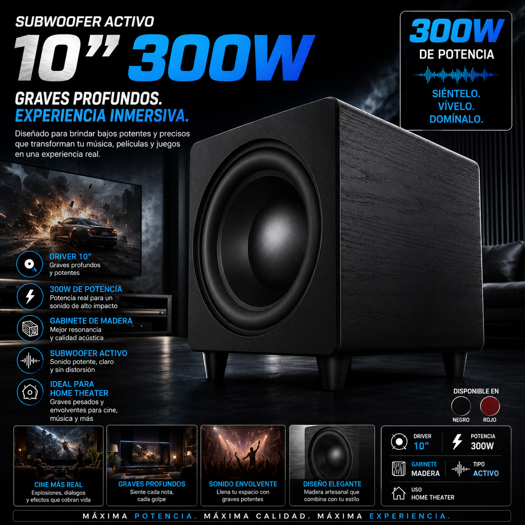 Subwoofer Activo 10" | 300W | Madera | Home Theater | Graves Profundos | 10" 300W Wooden Active Subwoofer Home Theater Heavy Bass Speaker