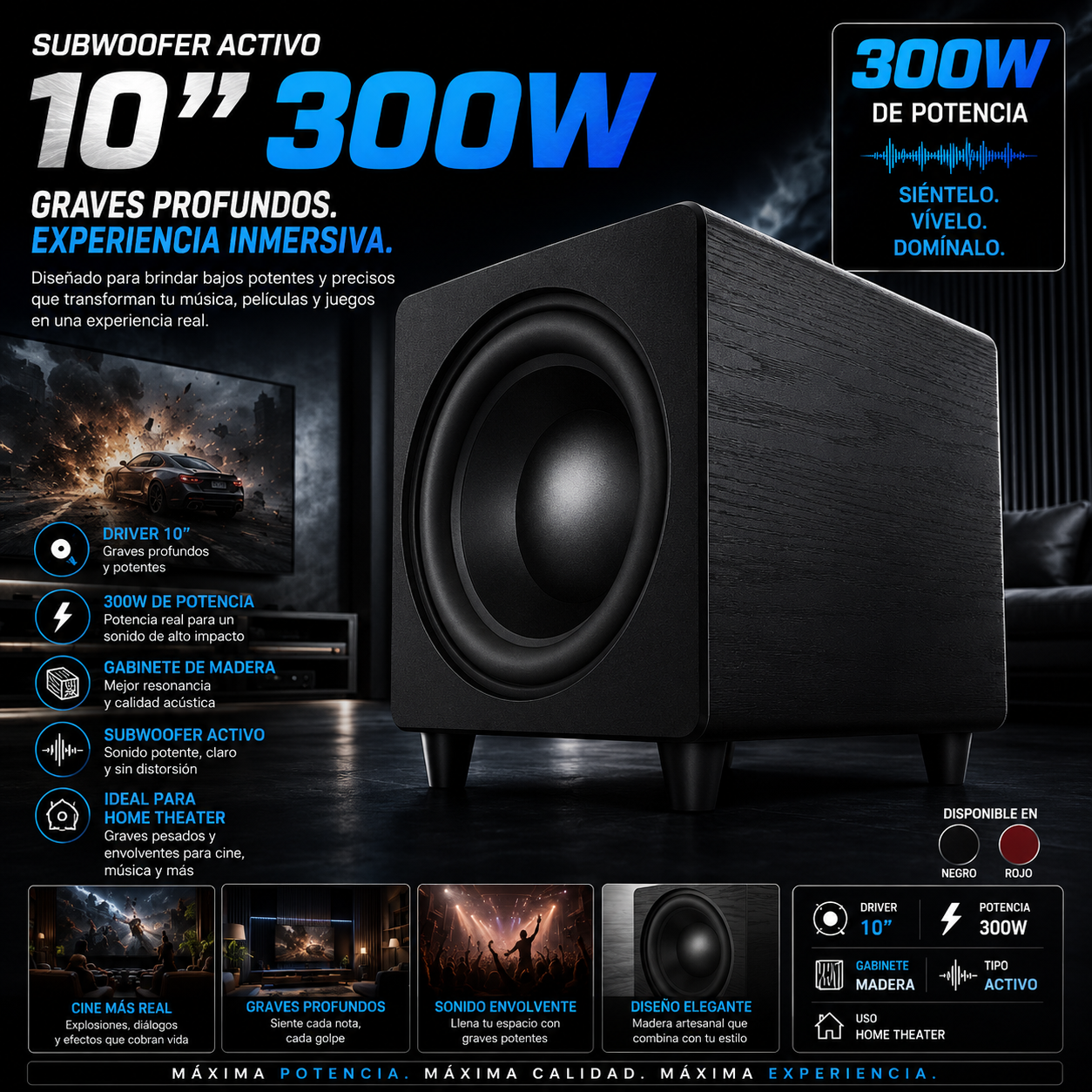 Subwoofer Activo 10" | 300W | Madera | Home Theater | Graves Profundos | 10" 300W Wooden Active Subwoofer Home Theater Heavy Bass Speaker
