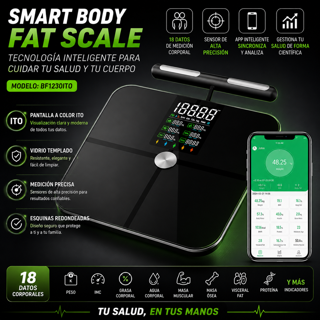 Báscula Bluetooth de Grasa Corporal con 8 Electrodos — Body Fat Scale