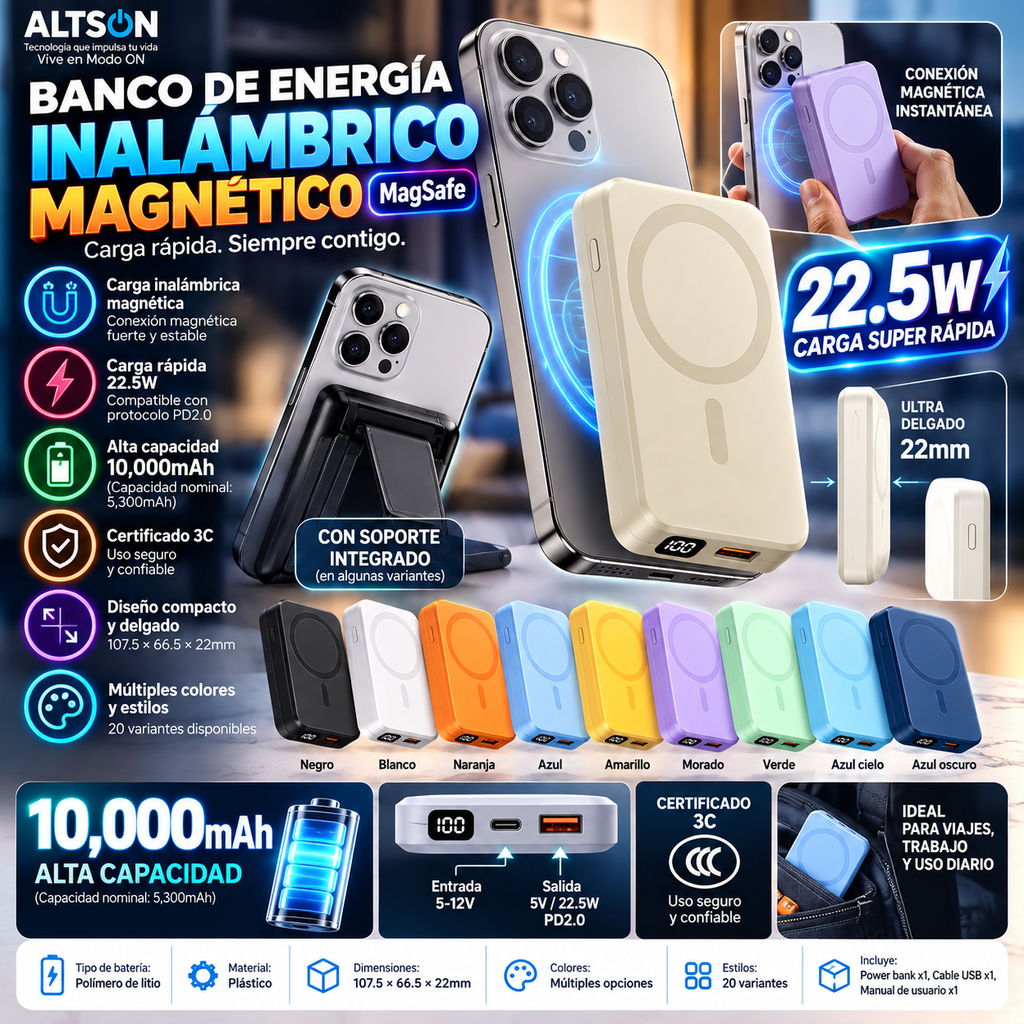 Banco de Energía Inalámbrico Magnético MagSafe – 10,000mAh, Carga Rápida 22.5W
