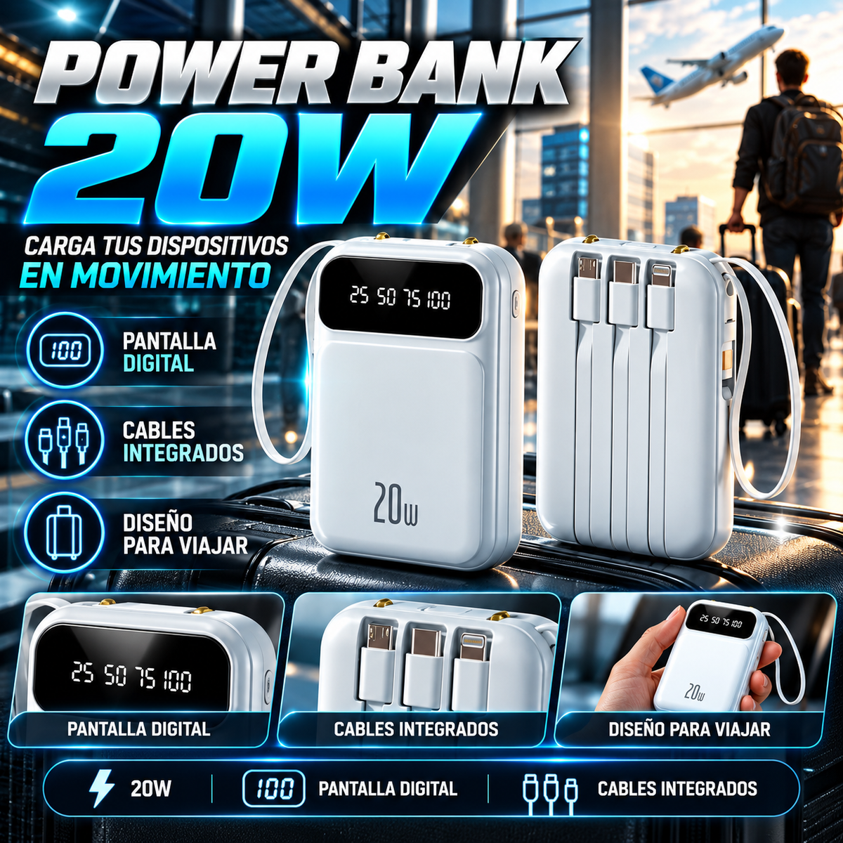 Banco de Energía Portátil 10000mAh con Cables Integrados – Carga Rápida PD 3.0