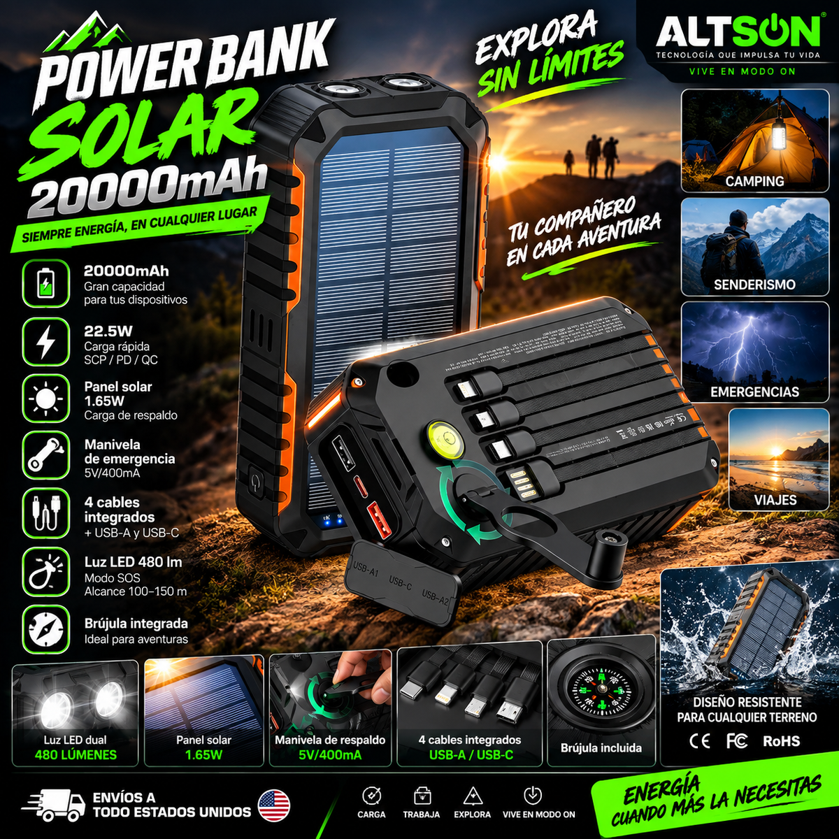 20000mAh Solar Hand-Crank Power Bank | 22.5W