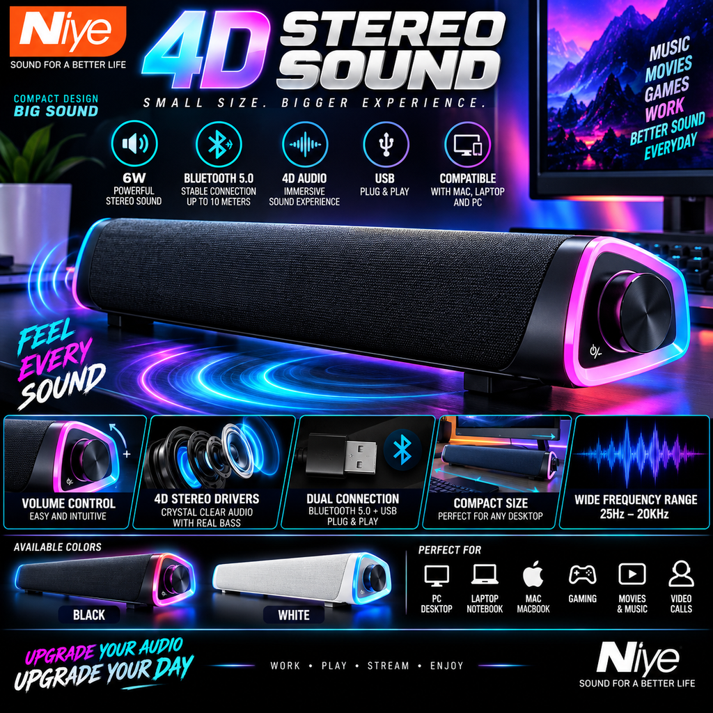 Barra de Sonido 4D para Computadora 6W Bluetooth 5.0 — Compatible con Mac, Laptop y PC