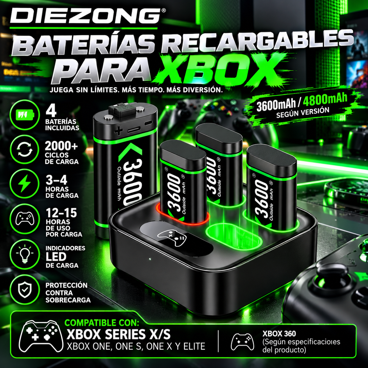 Baterías Recargables para Control Xbox One / Series X | Estación de Carga LED