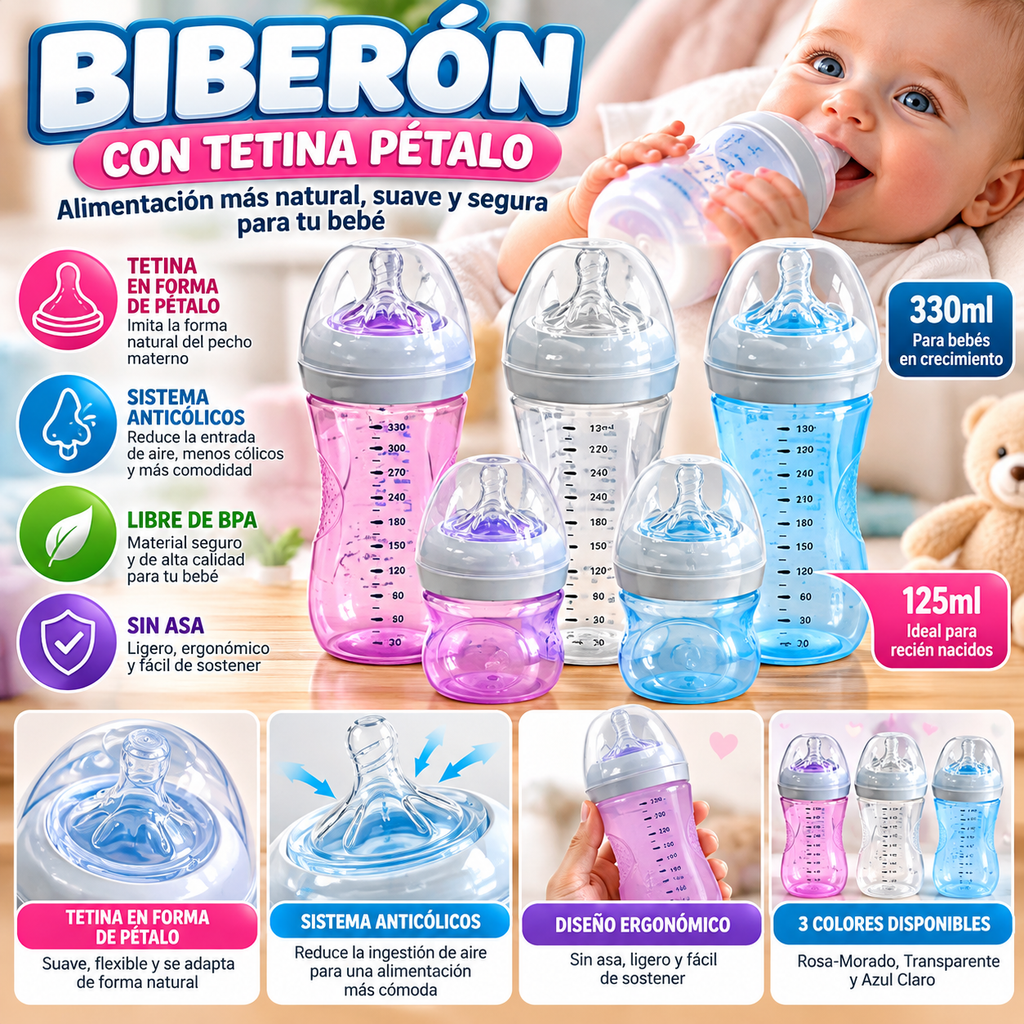 ALTSON Biberón con Tetina Pétalo para Bebés — 125ml y 330ml, 3 Colores
