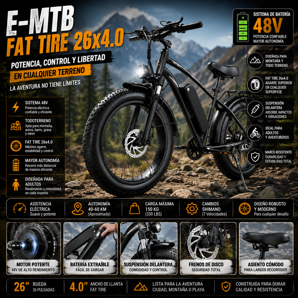 Bicicleta Eléctrica de Montaña | Fat Tire 26x4.0 | 48V | E-MTB Todo Terreno | Adultos