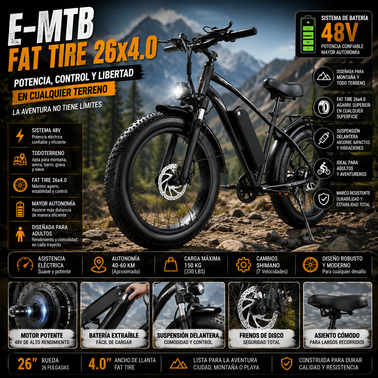 Bicicleta Eléctrica de Montaña | Fat Tire 26x4.0 | 48V | E-MTB Todo Terreno | Adultos