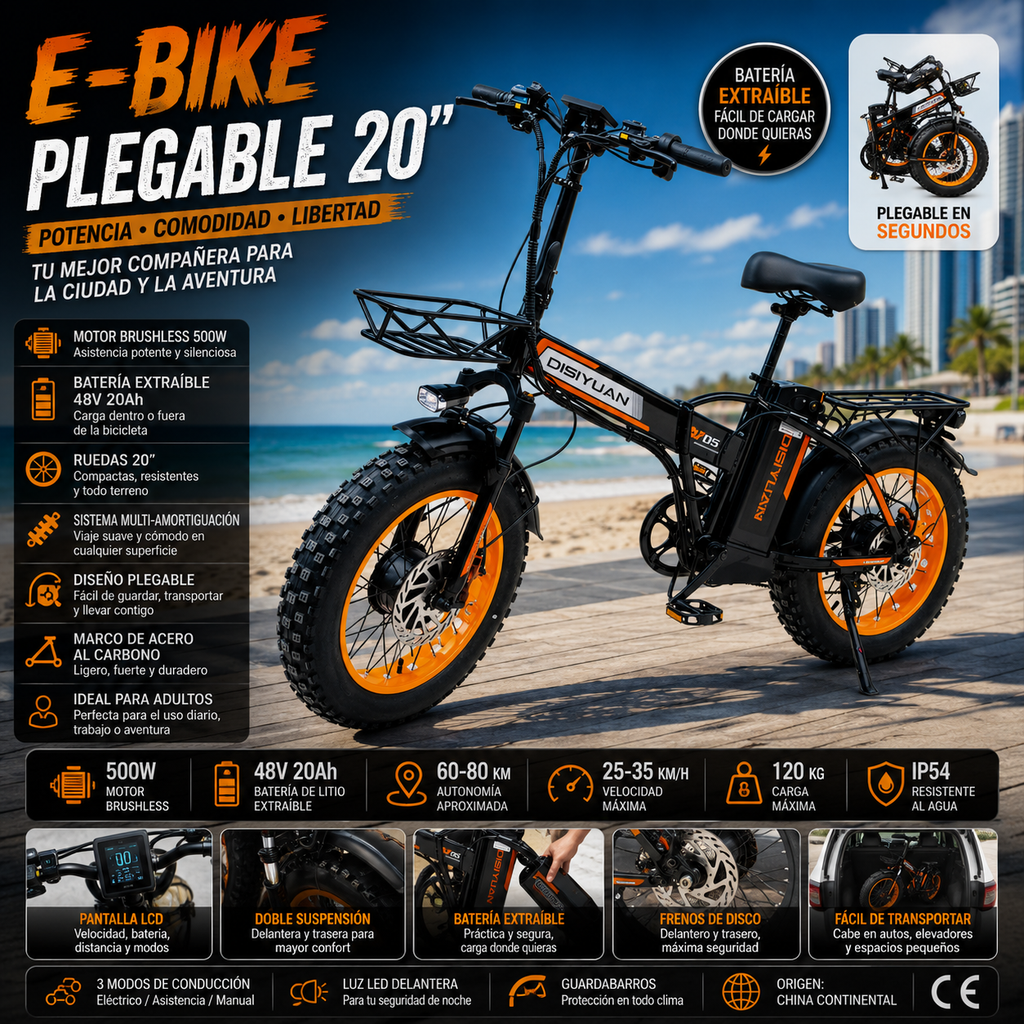 E-Bike Plegable 20" | Motor 500W | 48V 20Ah | Multi-Amortiguación | Batería Extraíble | Adultos | Bicicleta Eléctrica