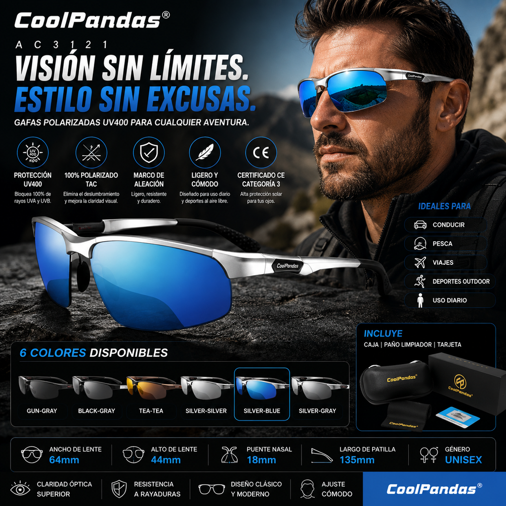 COOLPANDAS Gafas de Sol Polarizadas UV400 | Marco de Aleación | Estilo Cuadrado