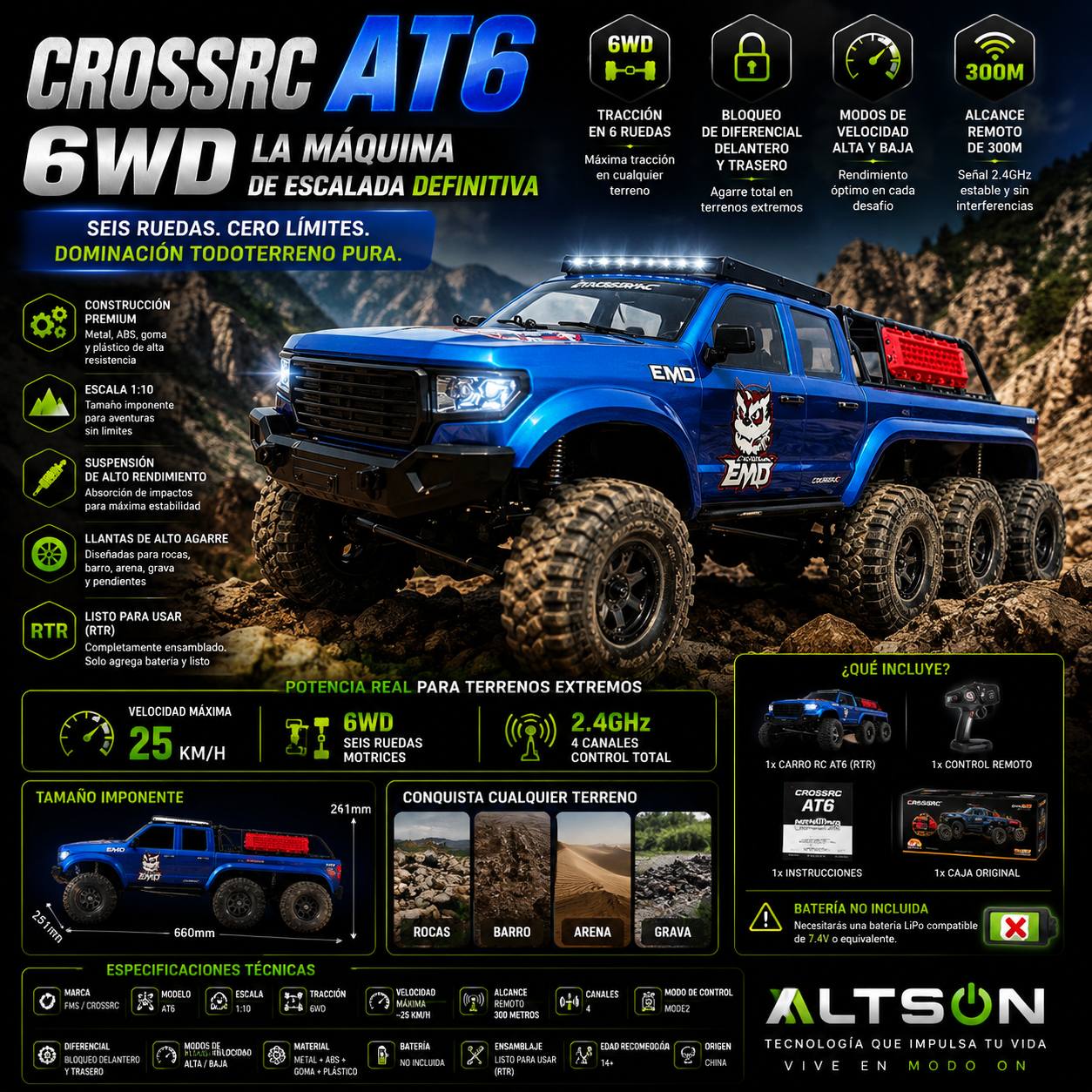 CROSSRC AT6 1:10 6WD RC Climbing Car — Off-Road Electric Model | Differential Lock, High/Low Speed RTR