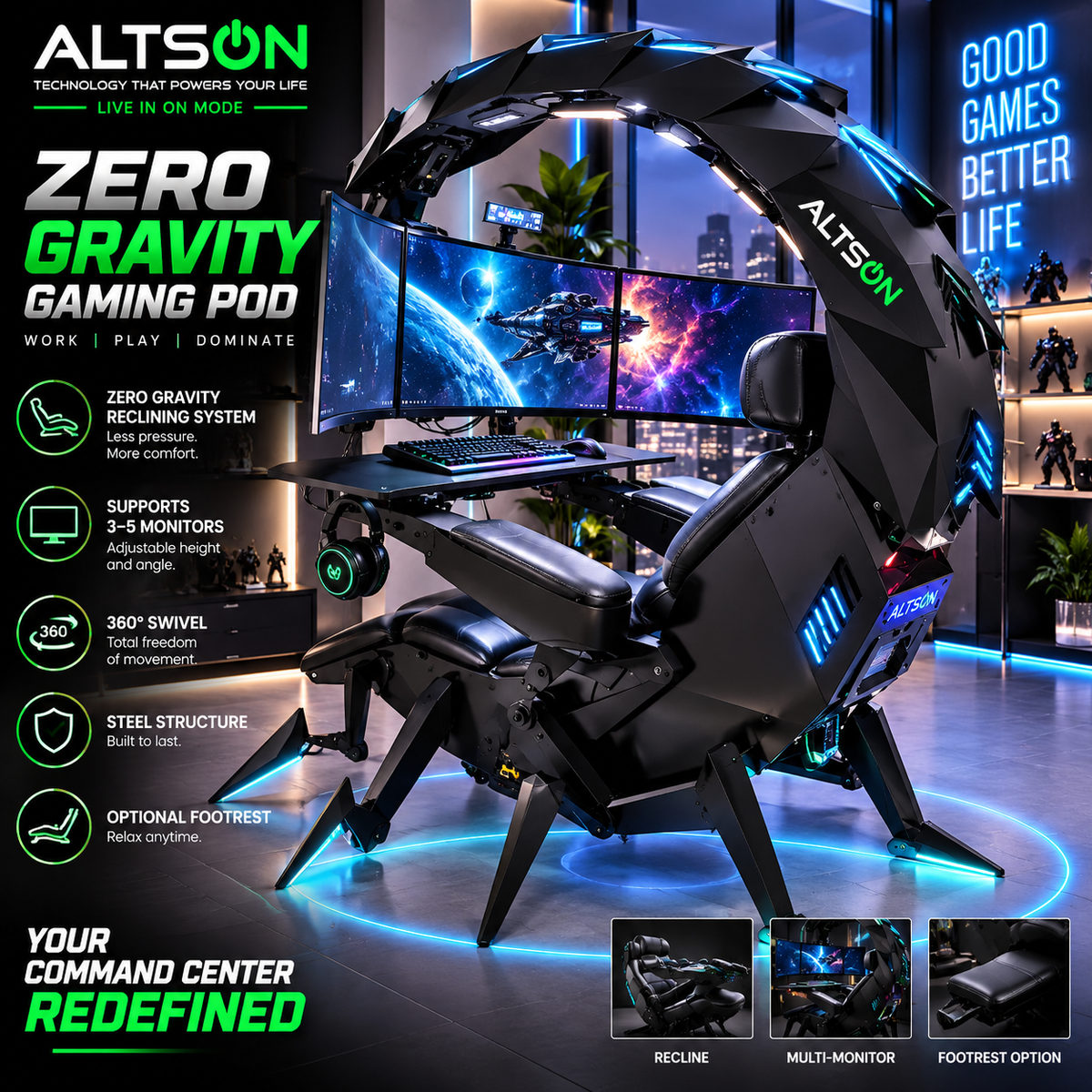 Zero Gravity Gaming Cockpit | 3–5 Monitor Support | Reclining