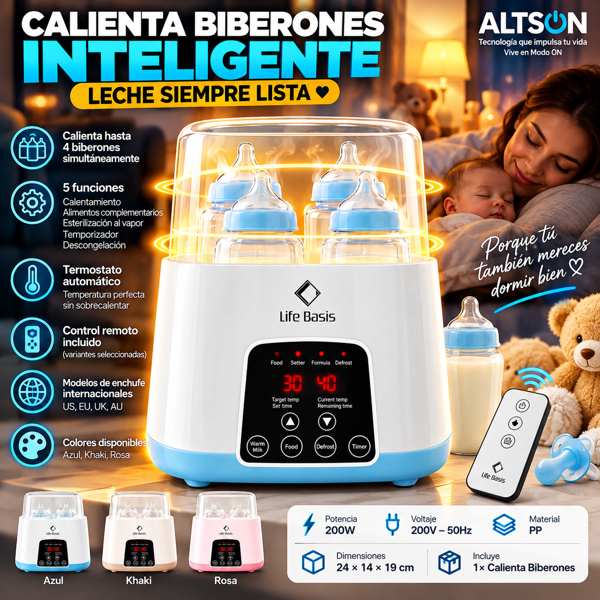 ALTSON Calienta Biberones Inteligente — 4 Biberones Simultáneos, Termostato, Control Remoto