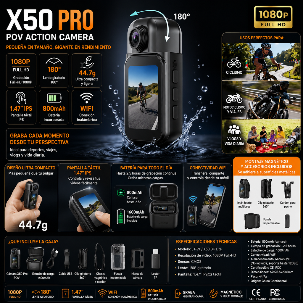 Cámara Corporal X50 Pro POV | 1080P HD | Mini Ultra-Compacta 44.7g | Lente 180° | Pantalla Táctil 1.47" | 800mAh | WiFi | Magnética | Deportes y Vlog