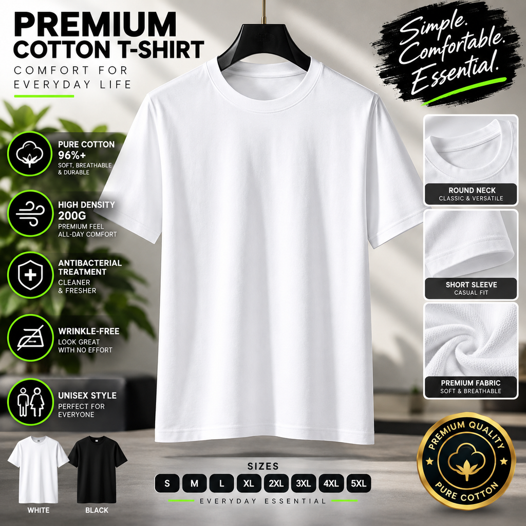 Pure Cotton T-Shirt | Short Sleeve | Antibacterial | S-5XL | Camiseta de Algodón