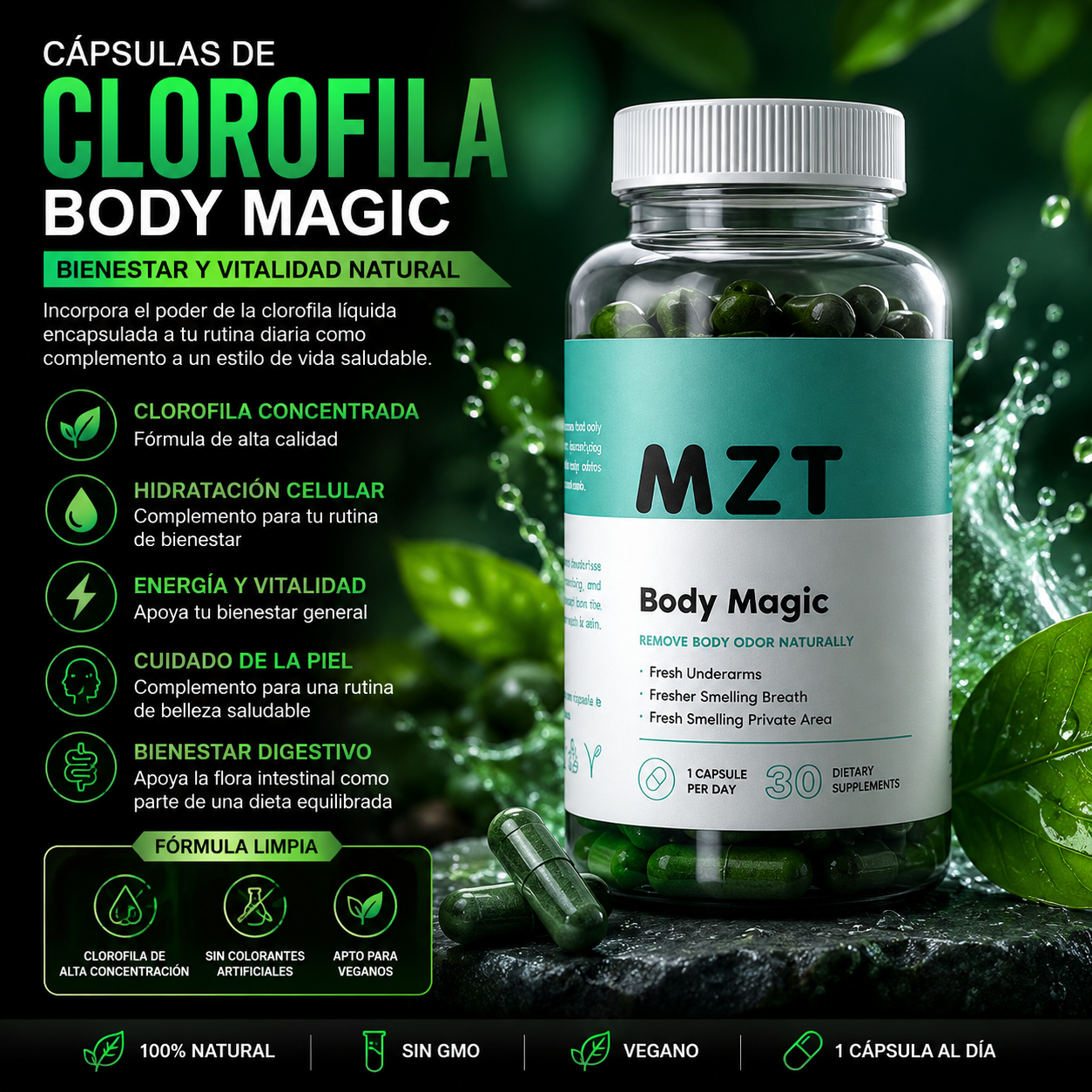 Body Magic Cápsulas de Clorofila Natural | Suplemento Vegano | Detox, Energía y Bienestar