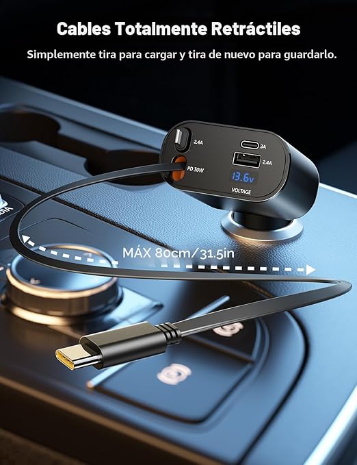 Cargador Rápido Retráctil para Auto 4 en 1 – 60W con Cables Tipo C, iOS, USB-C y USB-A
