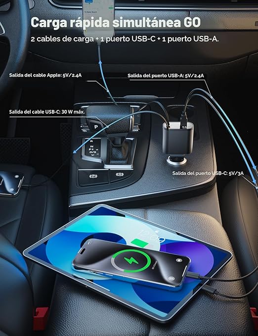 Cargador Rápido Retráctil para Auto 4 en 1 – 60W con Cables Tipo C, iOS, USB-C y USB-A