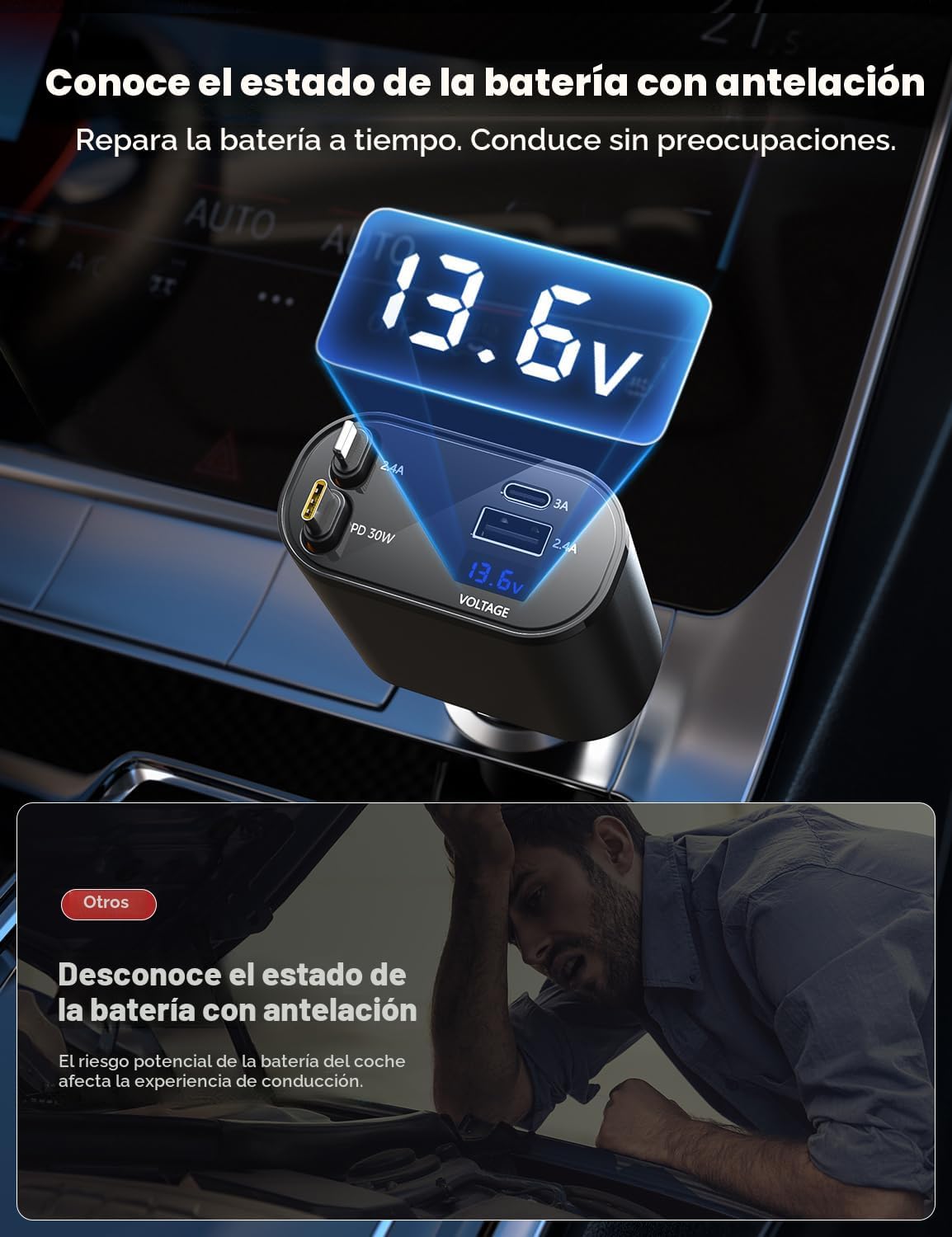 Cargador Rápido Retráctil para Auto 4 en 1 – 60W con Cables Tipo C, iOS, USB-C y USB-A