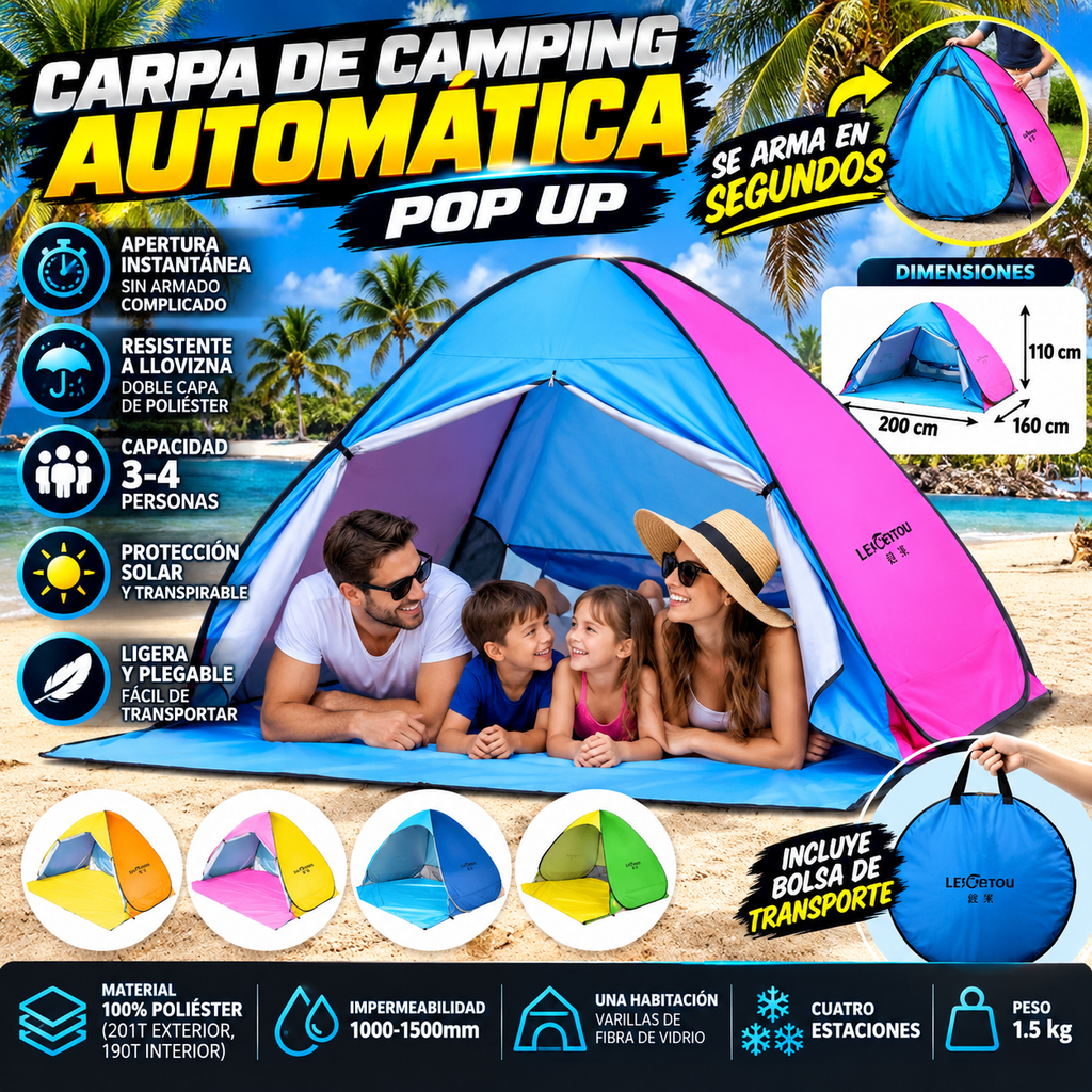 Carpa de Camping Automática Pop Up | Doble Capa 3-4 Personas | Playa e Impermeable
