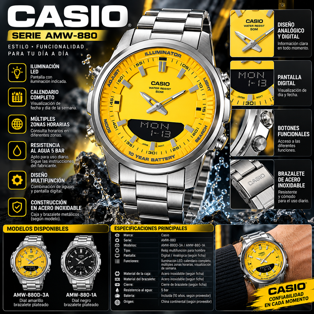 Casio AMW-880 Series | Calendar & Multiple Time Zones | Men's Watch