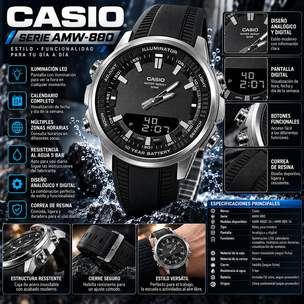 Casio AMW-880 Series | Calendar & Multiple Time Zones | Men's Watch