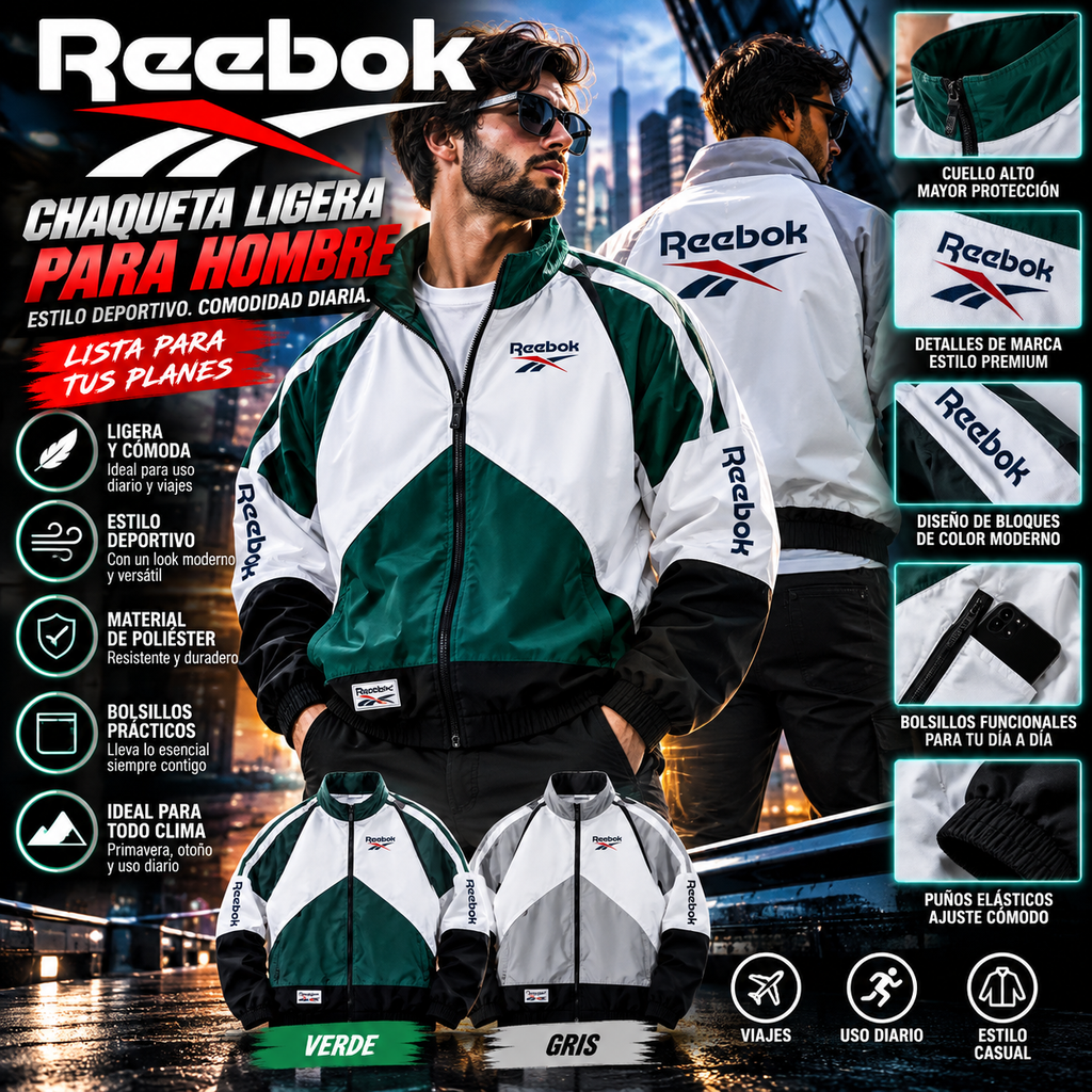 Reebok Men's Lightweight Jacket | Zip Front & Pockets | Casual Outdoor Wear