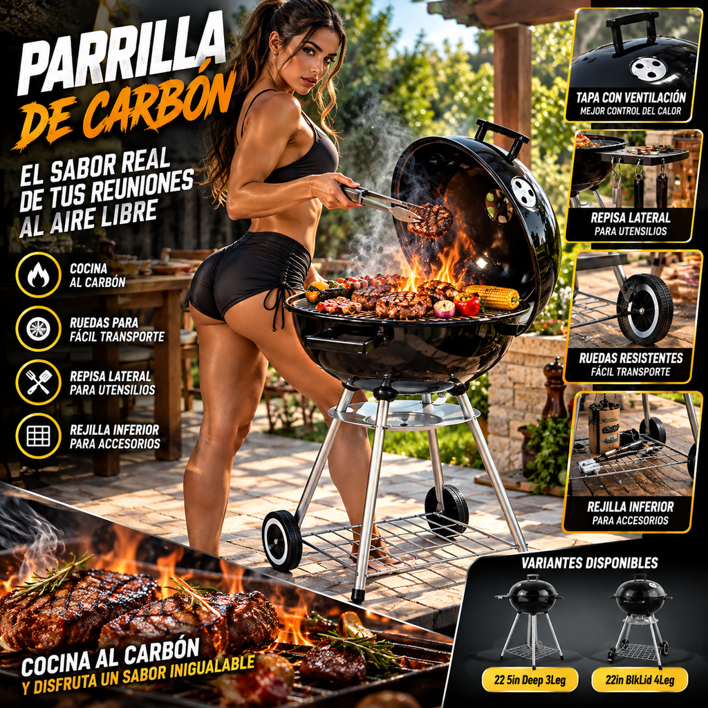 Charcoal BBQ Grill | Wheels & Storage Shelves | Outdoor Cooking