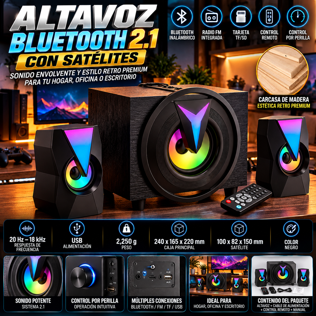 Altavoz Bluetooth de Madera con Satélites | Radio FM, Lector TF, Control Remoto y Mando por Perilla