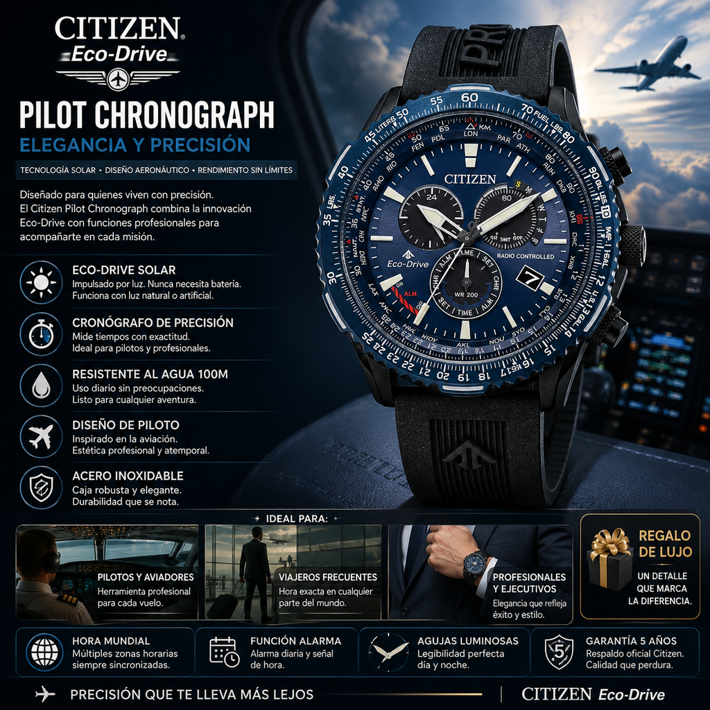 Reloj Citizen Eco-Drive Pilot Chronograph | Tiempo Atómico Zafiro 200m | Citizen Pilot Eco-Drive Atomic Sapphire Chronograph