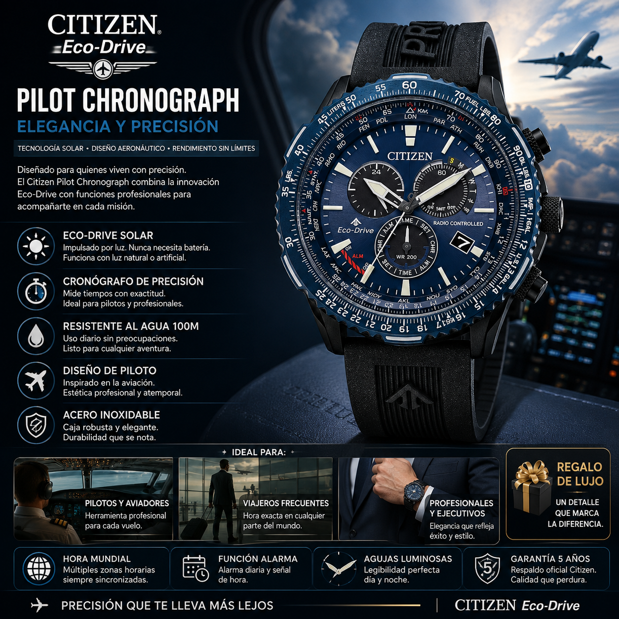 Reloj Citizen Eco-Drive Pilot Chronograph | Tiempo Atómico Zafiro 200m | Citizen Pilot Eco-Drive Atomic Sapphire Chronograph