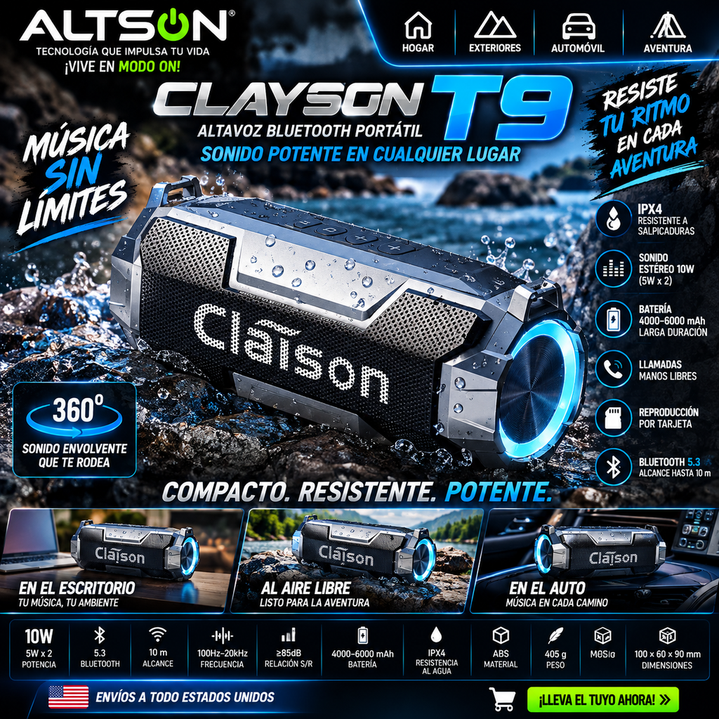 Clayson T9 Bluetooth 5.3 Speaker | Dual 10W | Altavoz IPX4