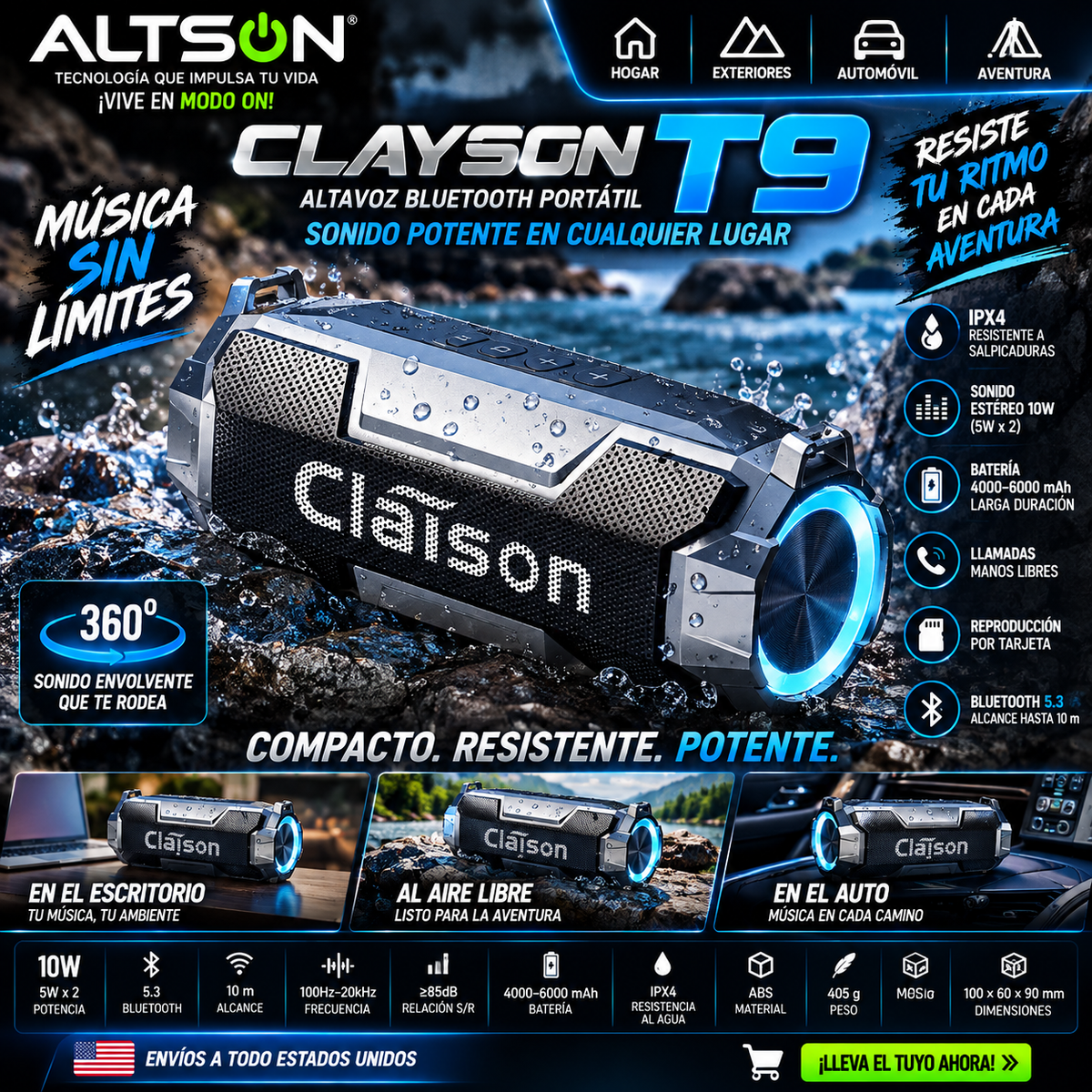 Clayson T9 Bluetooth 5.3 Speaker | Dual 10W | Altavoz IPX4