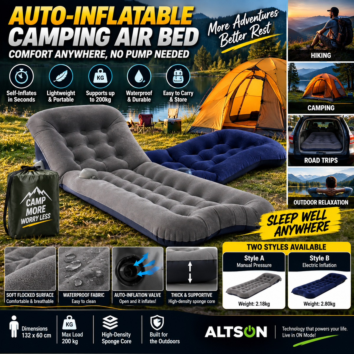 Colchón de Aire Auto-inflable para Camping – 132x60cm, Hasta 200kg, Azul y Gris