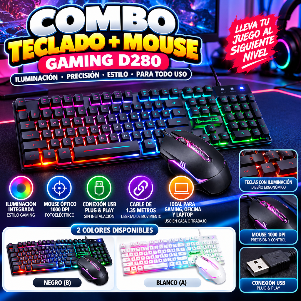 Combo Teclado + Mouse Gaming con Iluminación | D280 | Negro y Blanco | USB