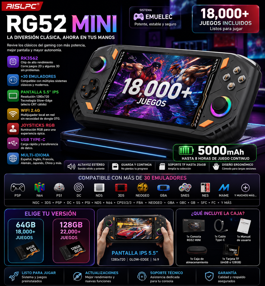 Consola Retro Portátil RG52 MINI – EmuELEC, Pantalla 5.5" IPS, WiFi, 18000+ Juegos, Batería 5000mAh
