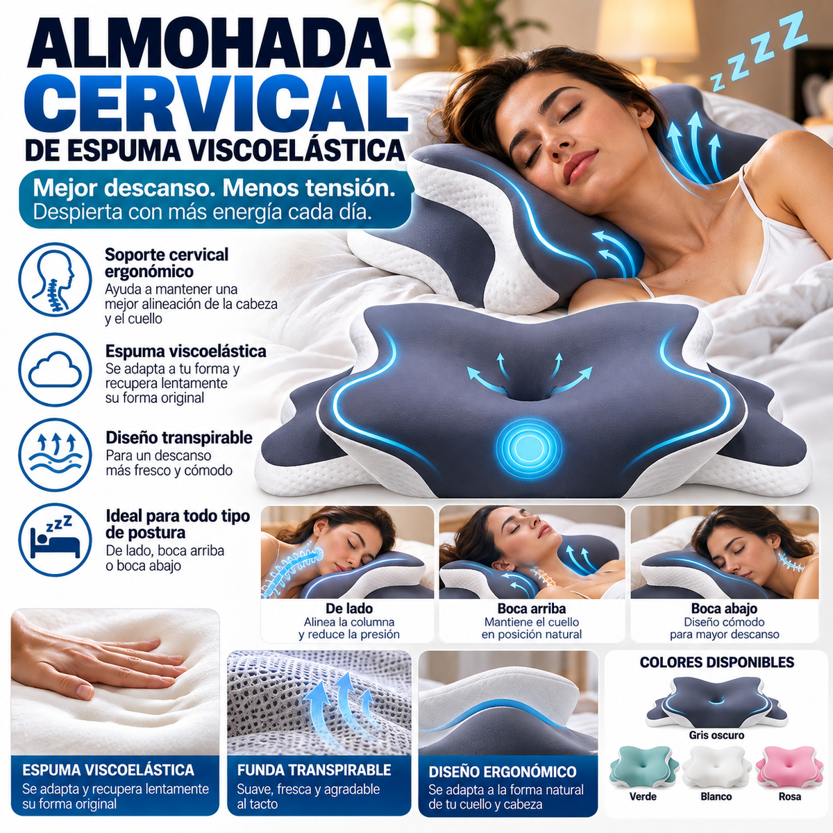 Contoured Memory Foam Neck Pillow | Side & Back Sleep | Almohada Cervical