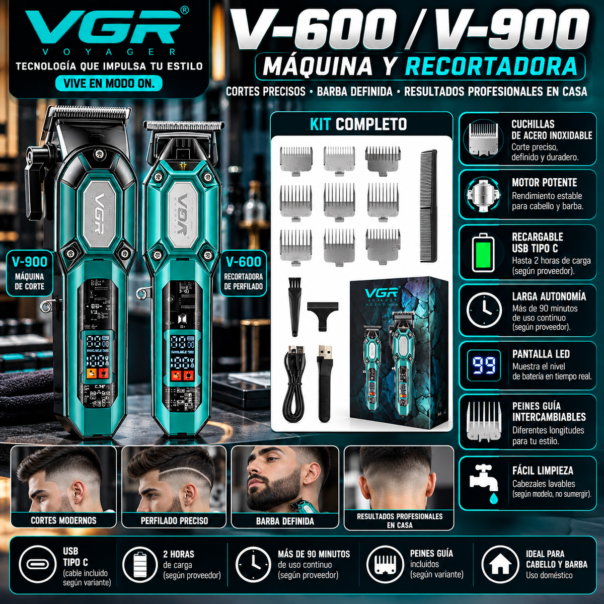 VGR V-600 / V-900 Hair Clipper & Trimmer | Grooming Set / Set de recortadoras VGR