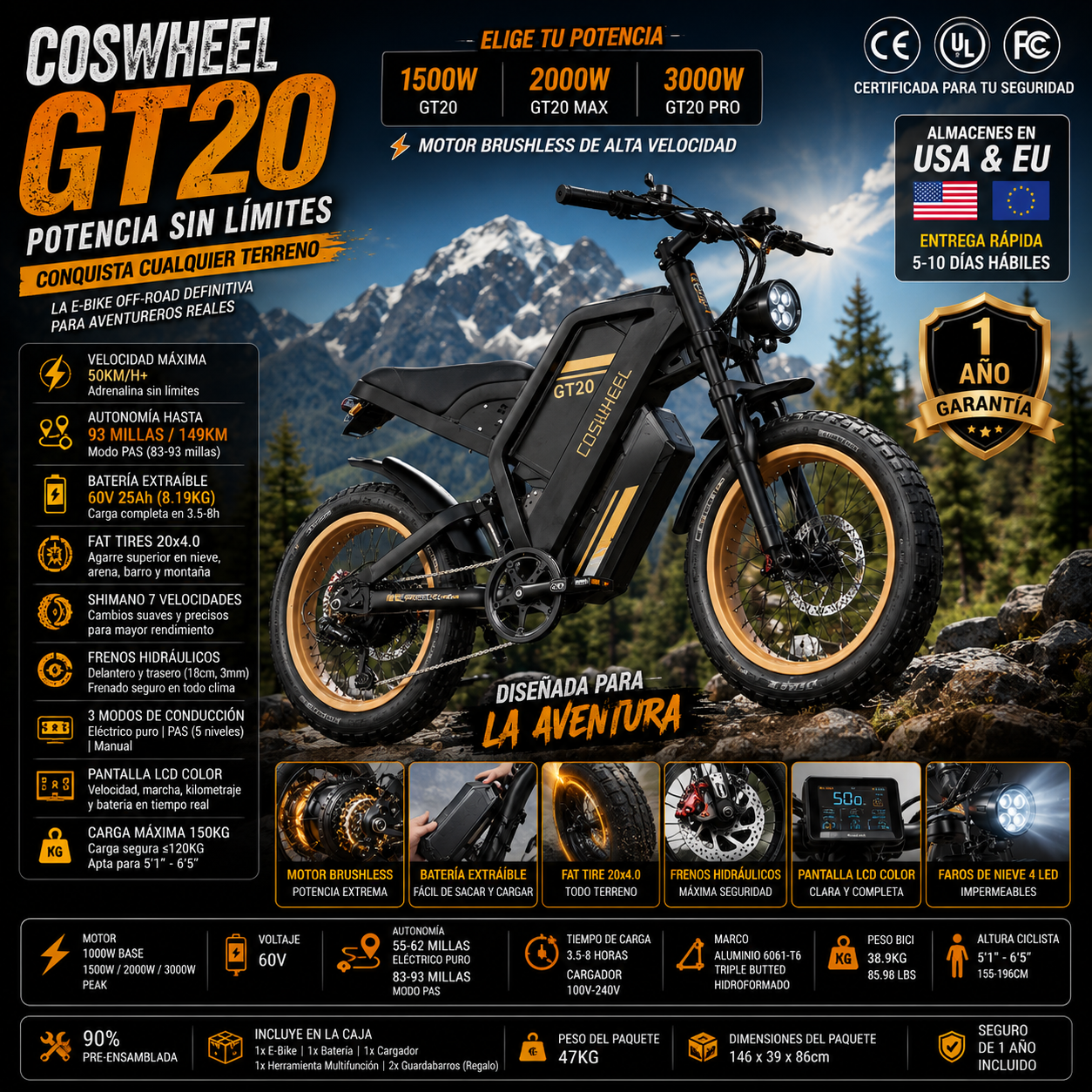 Coswheel GT20 E-Bike | 1500W/2000W/3000W | 60V 25Ah | Fat Tire 20x4.0 | 93 Millas | Shimano 7v | CE UL FCC | Off-Road