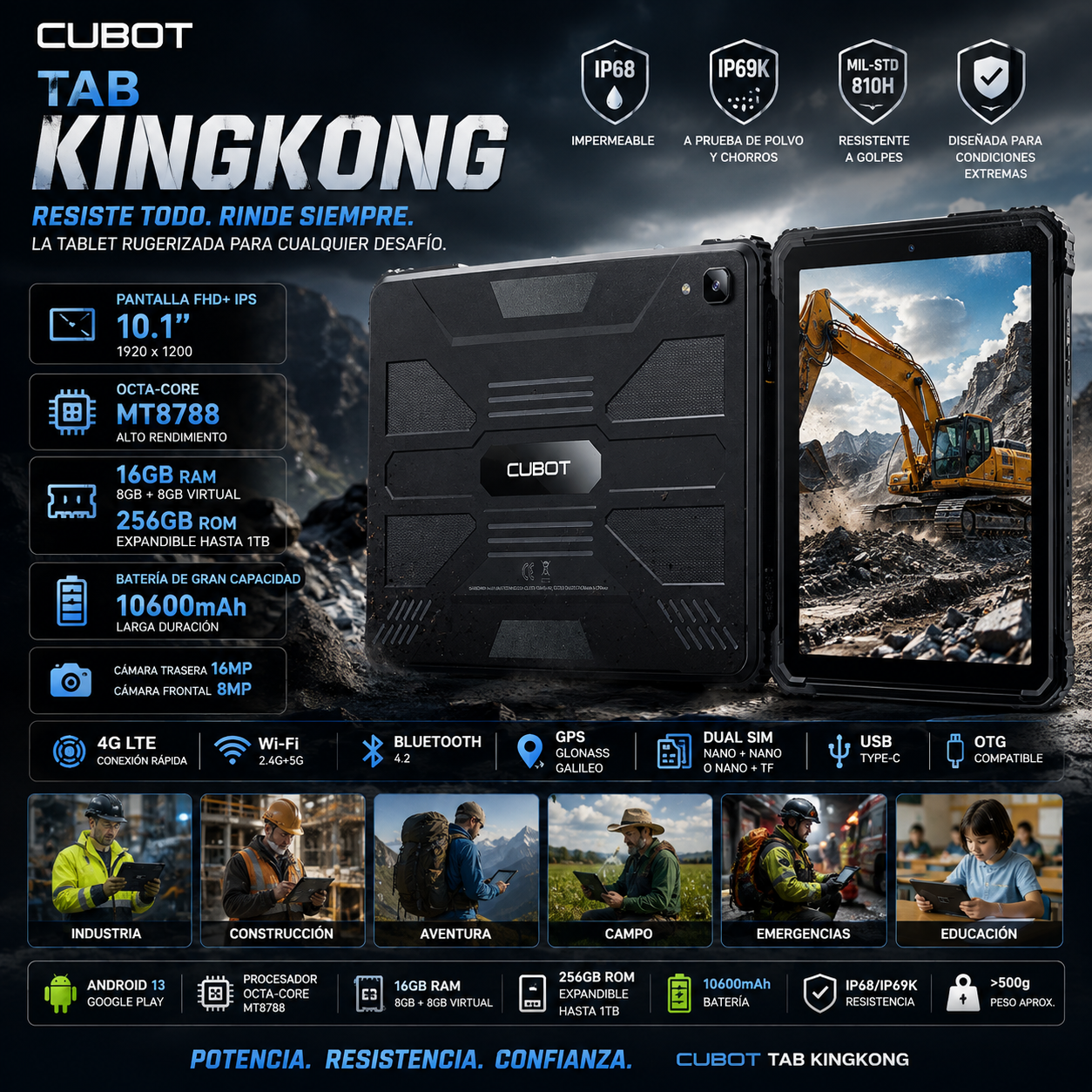 Cubot TAB KingKong | Tablet Resistente 4G 10.1" 16GB+256GB 10600mAh | IP68 Android 13
