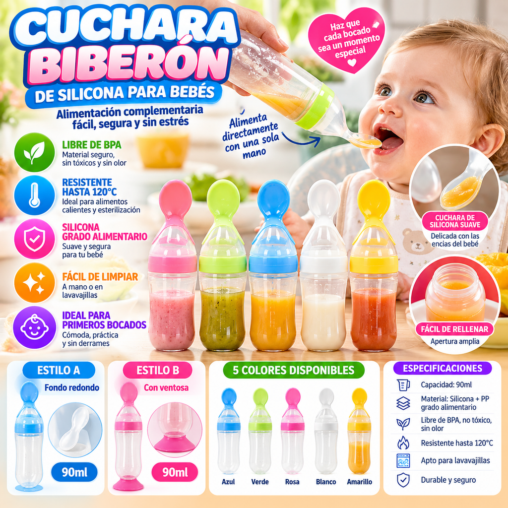 ALTSON Cuchara Biberón de Silicona para Bebés — 90ml, Libre de BPA, 5 Colores
