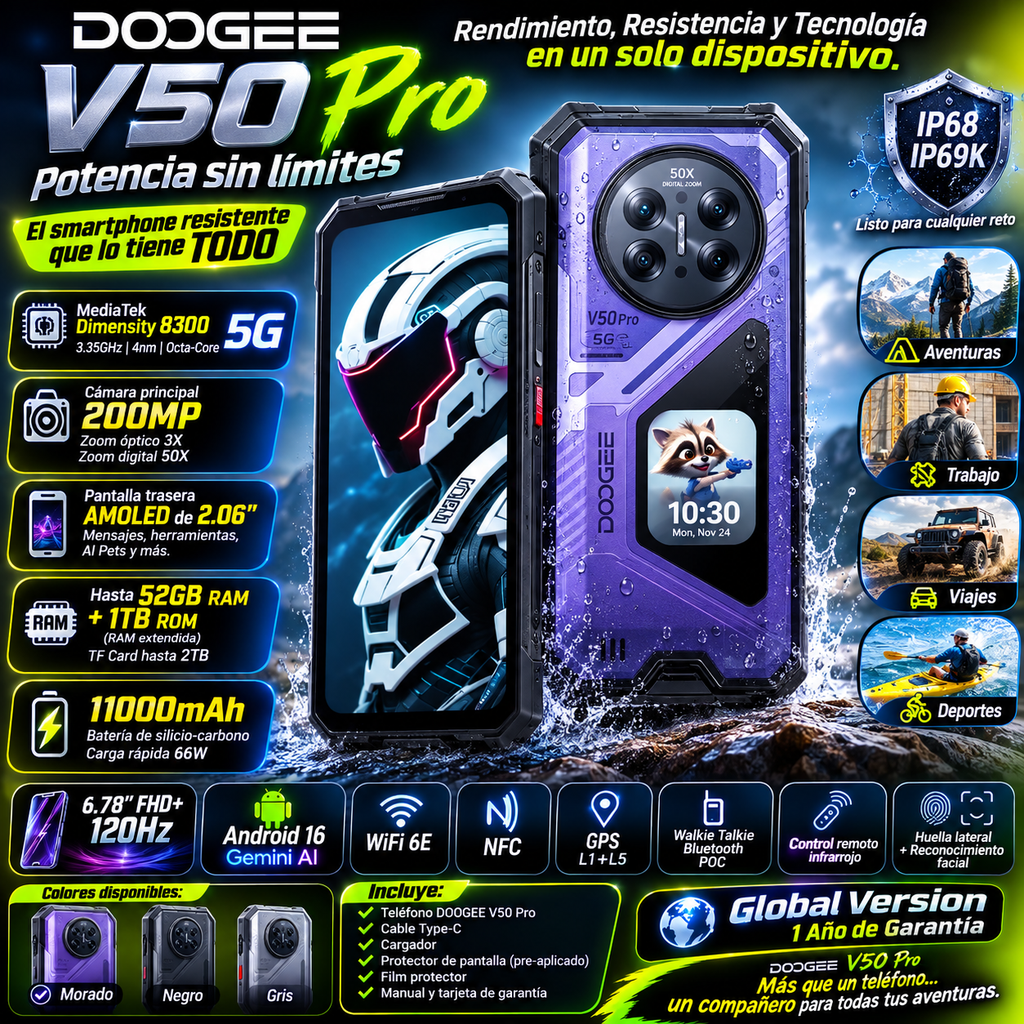 DOOGEE V50 Pro | Rugged Phone 5G | Dimensity 8300 | 200MP | 11000mAh | 1TB | Android 16 | NFC | IP68/IP69K