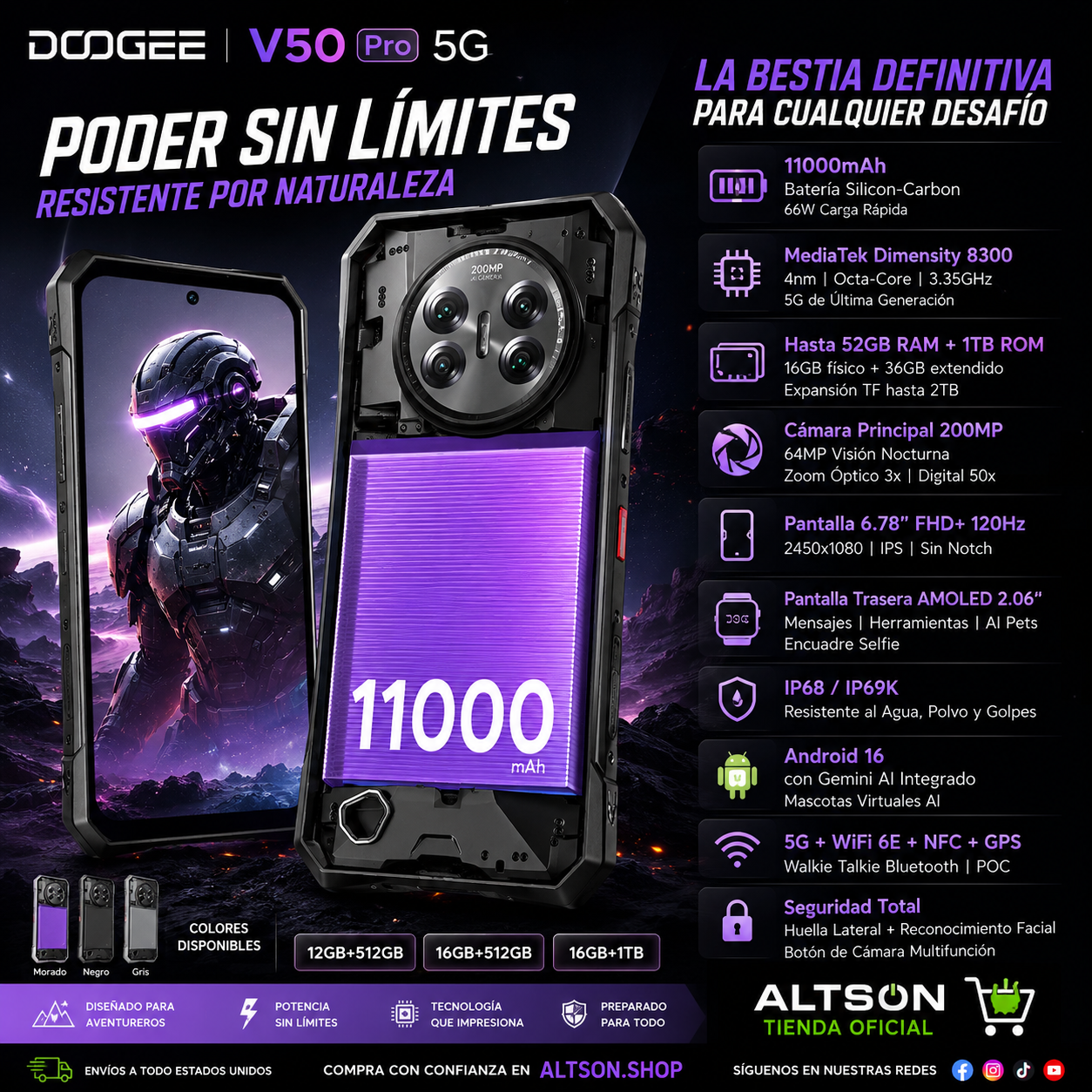 DOOGEE V50 Pro | Rugged Phone 5G | Dimensity 8300 | 200MP | 11000mAh | 1TB | Android 16 | NFC | IP68/IP69K