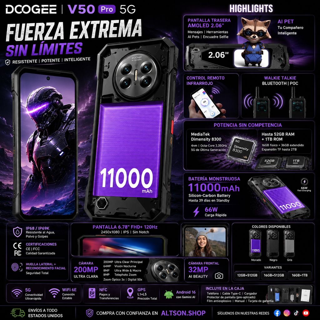 DOOGEE V50 Pro | Rugged Phone 5G | Dimensity 8300 | 200MP | 11000mAh | 1TB | Android 16 | NFC | IP68/IP69K