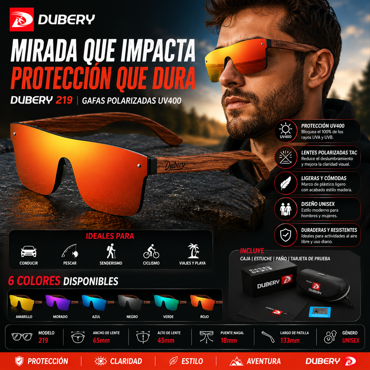 DUBERY Gafas de Sol Polarizadas UV400 | Marco de Madera | 6 Colores