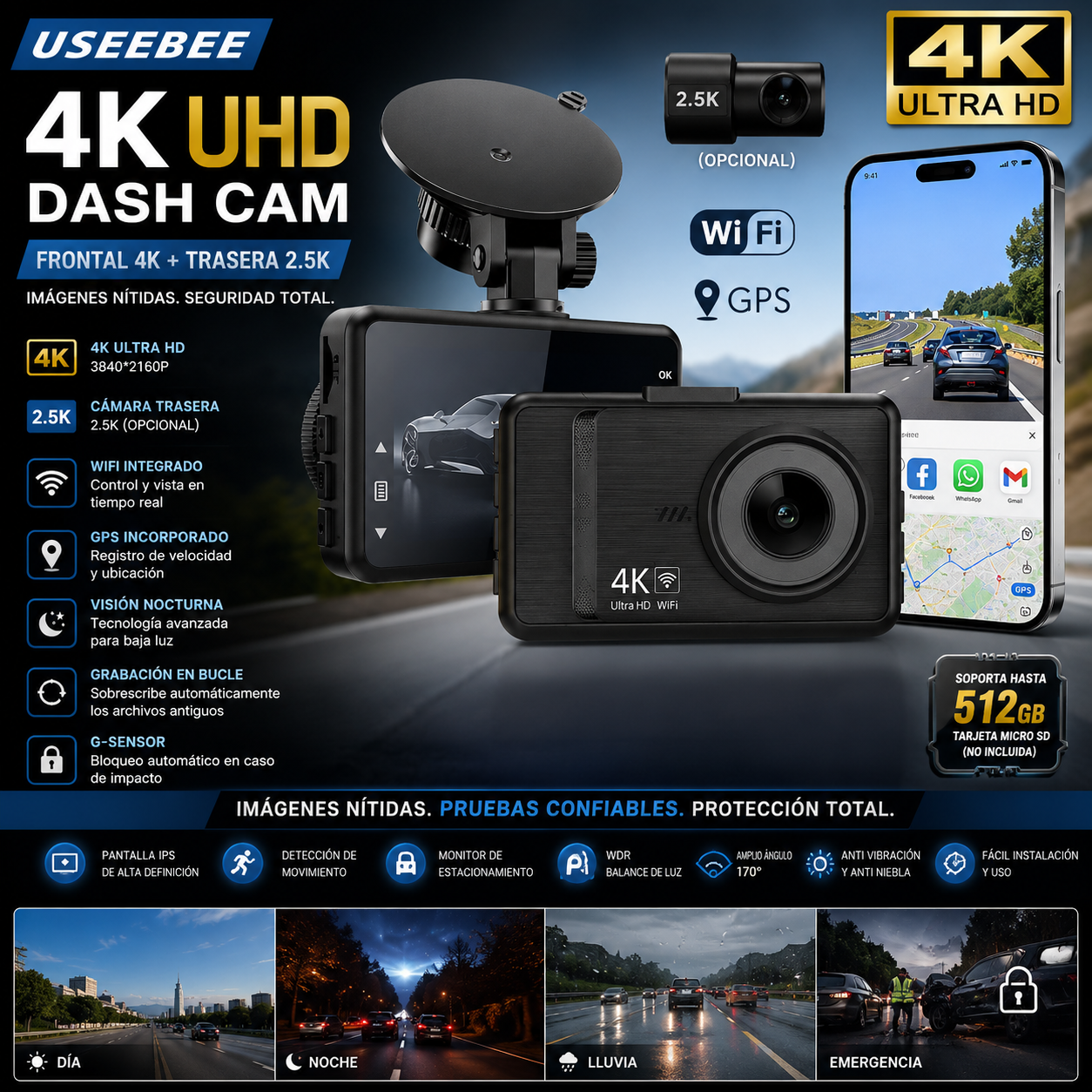 Dashcam 4K+2.5K WiFi GPS Doble Lente – Visión Nocturna, Monitor Estacionamiento 24H, Caja Negra