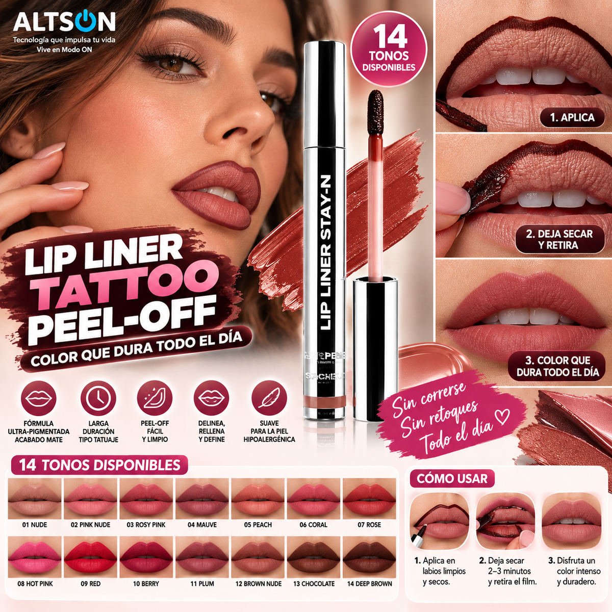 ALTSON Lip Liner Tattoo Peel-Off | Larga Duración, Acabado Mate, 14 Tonos