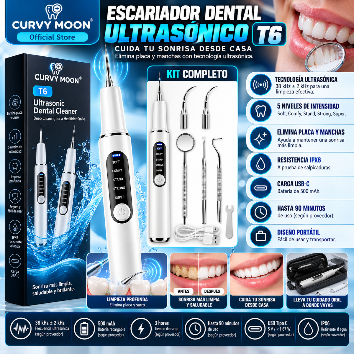 T6 Ultrasonic Dental Scaler | USB-C Oral Care Device / Escariador dental ultrasónico T6